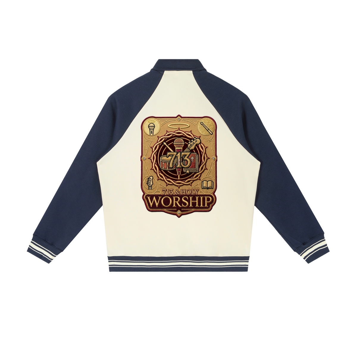 "I WORSHIP" Contrast Raglan Sleeve Baseball Jacket