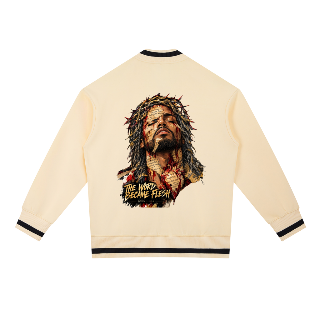 "THE WORD BECAME FLESH" Contrast Piping Zip Bomber Jacket