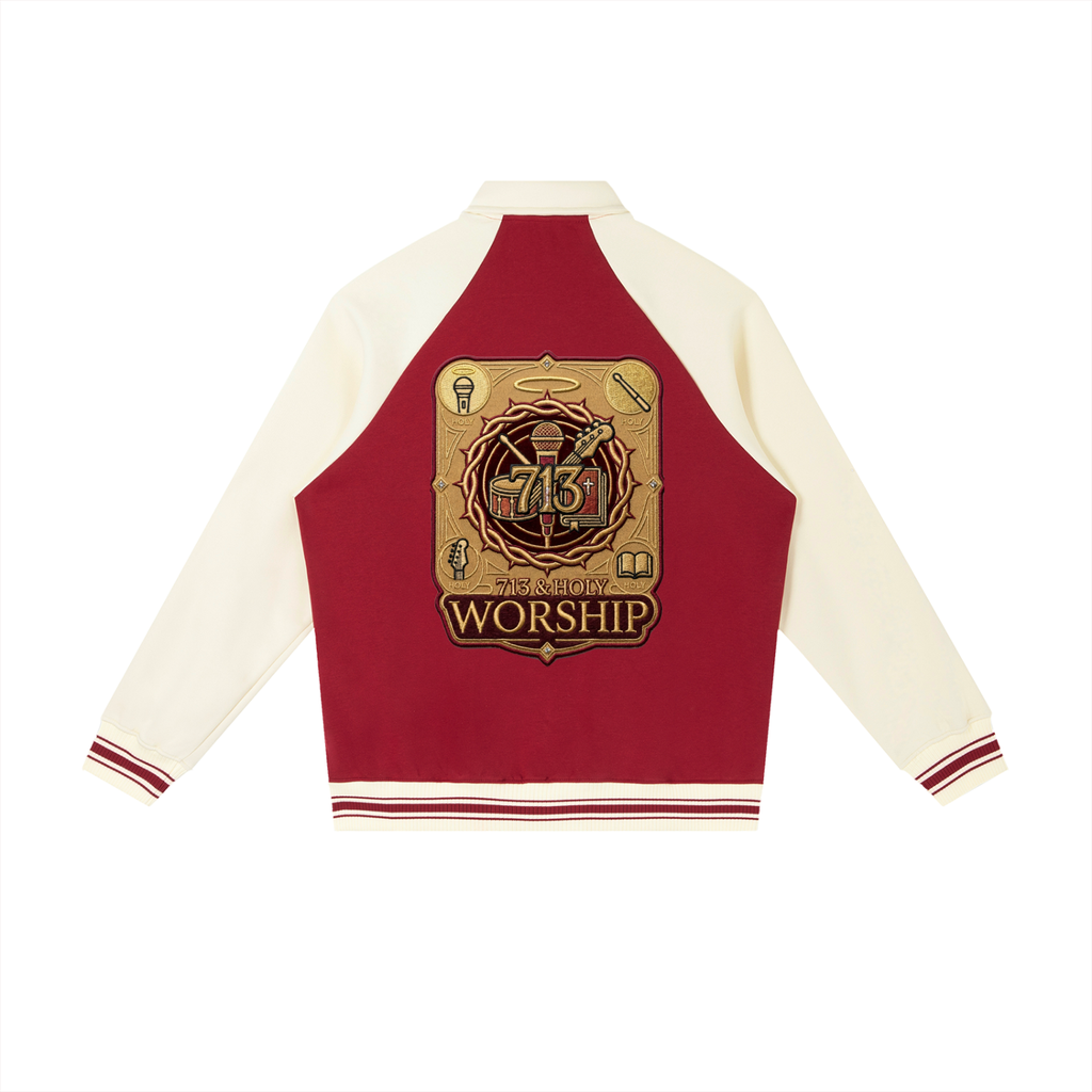 "I WORSHIP" Contrast Raglan Sleeve Baseball Jacket