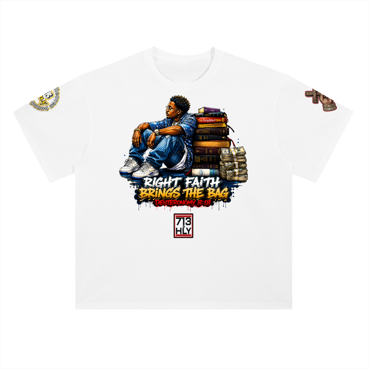"RIGHT FAITH BRINGS THE BAG" Heavyweight Drop Shoulder Cotton T-Shirt
