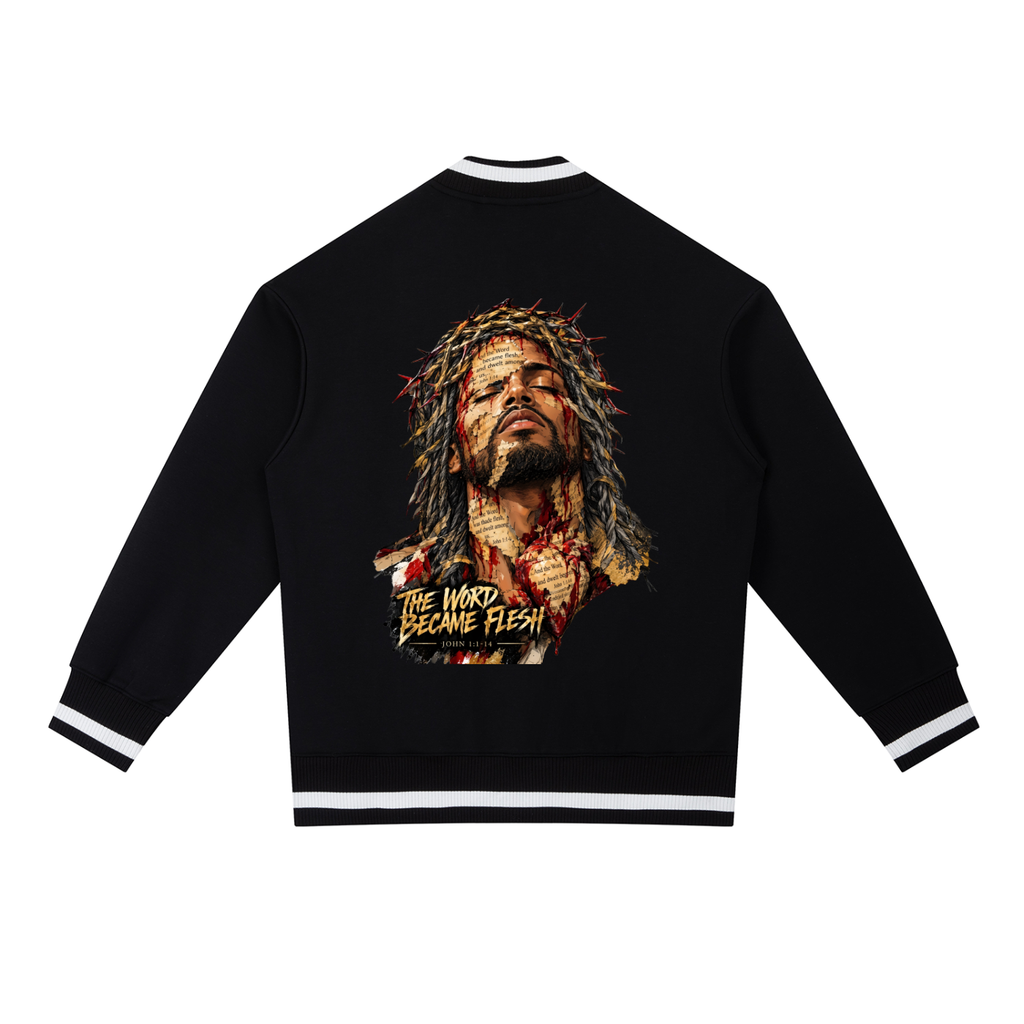 "THE WORD BECAME FLESH" Contrast Piping Zip Bomber Jacket