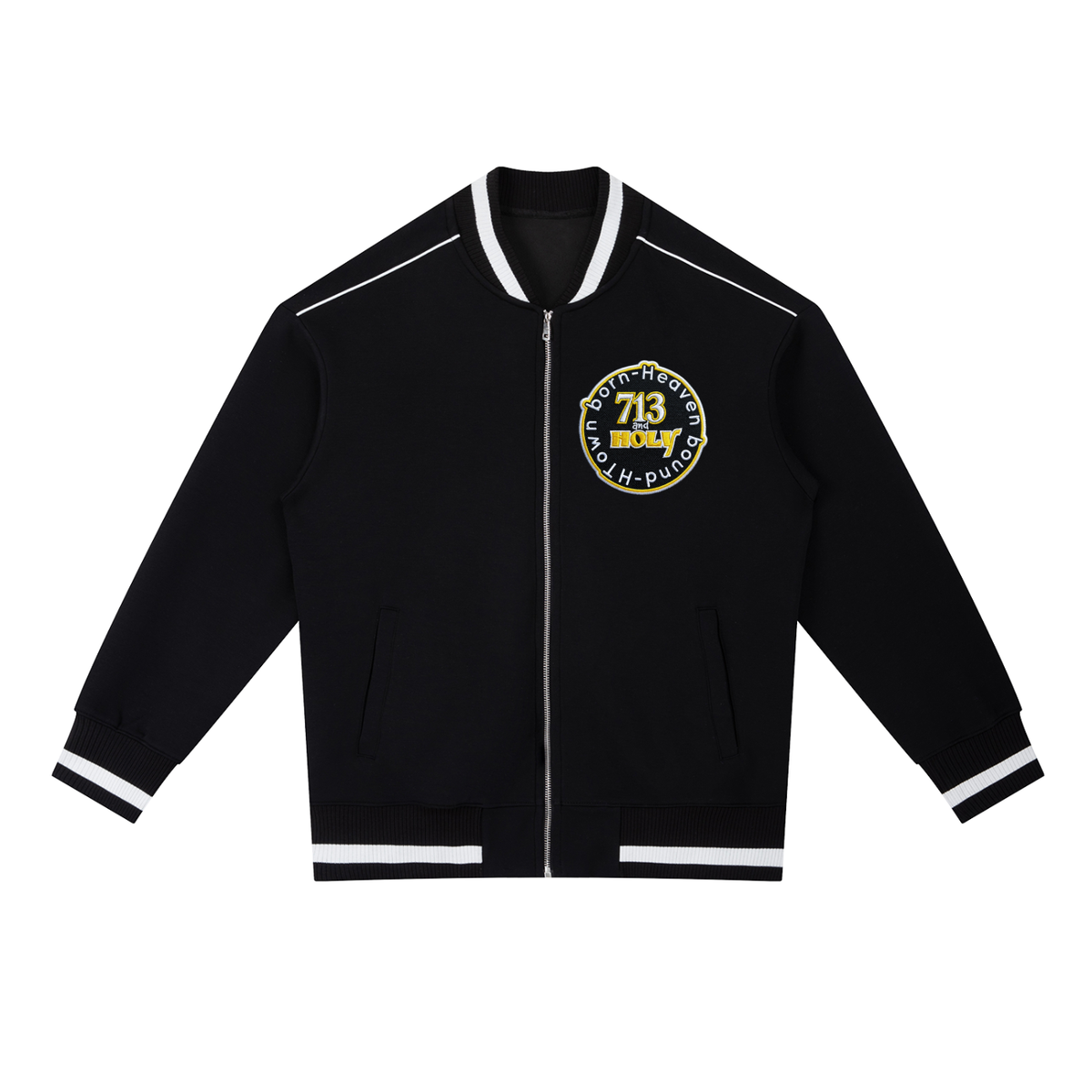 "THE WORD BECAME FLESH" Contrast Piping Zip Bomber Jacket