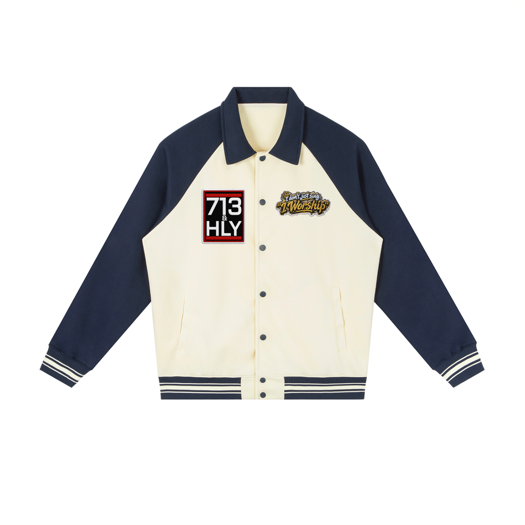 "I WORSHIP" Contrast Raglan Sleeve Baseball Jacket