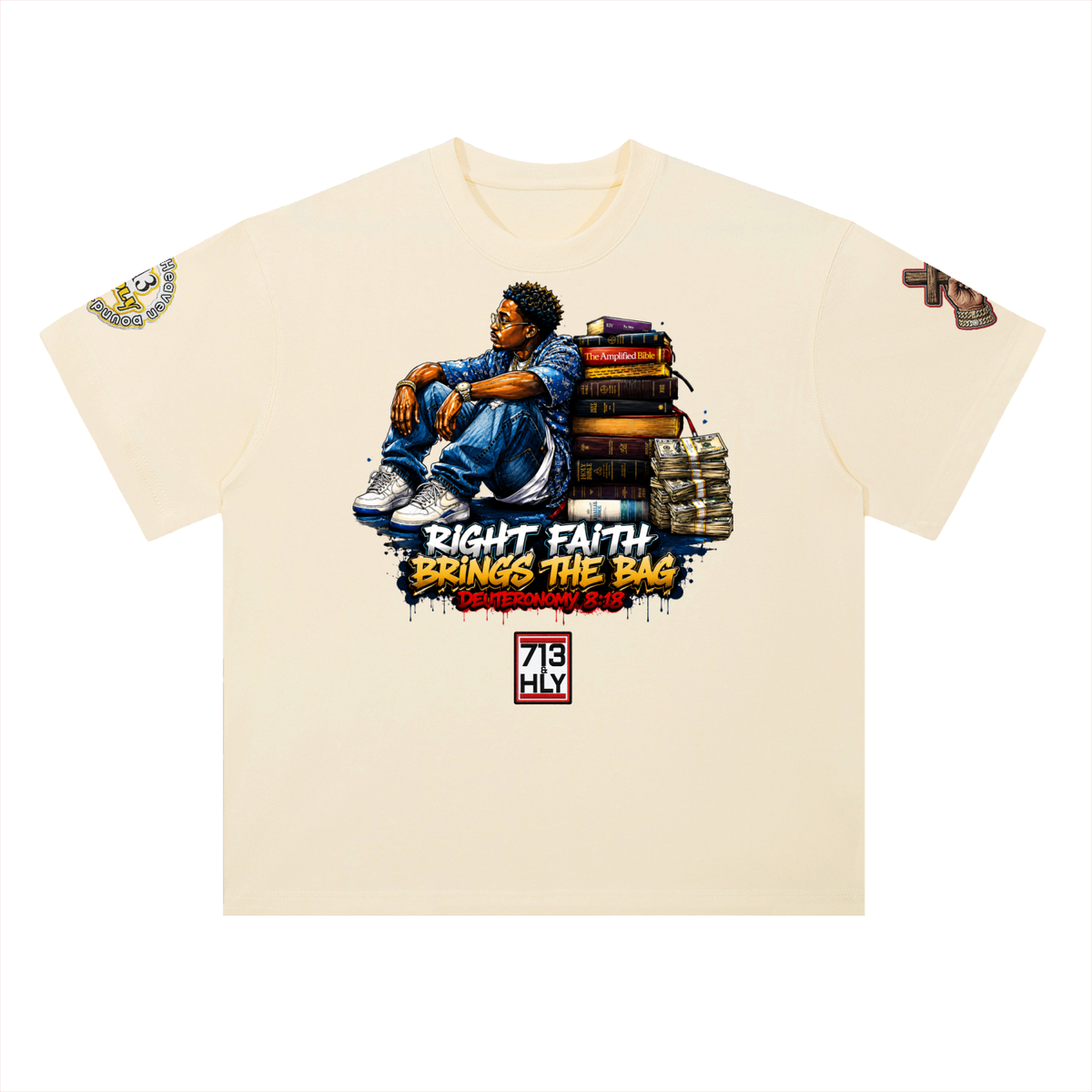 "RIGHT FAITH BRINGS THE BAG" Heavyweight Drop Shoulder Cotton T-Shirt