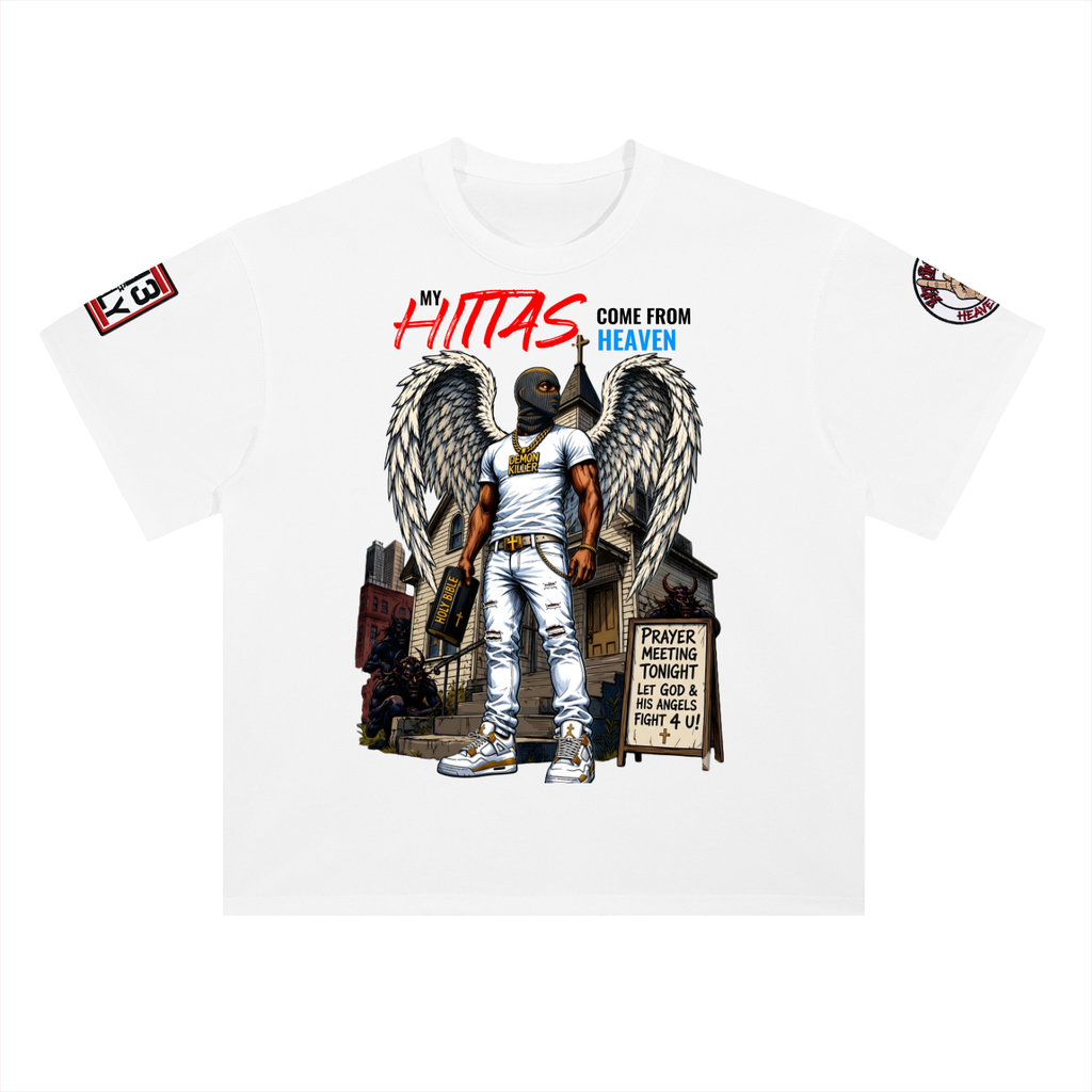 "MY HITTAS COME FROM HEAVEN" Heavyweight Drop Shoulder Cotton T-Shirt