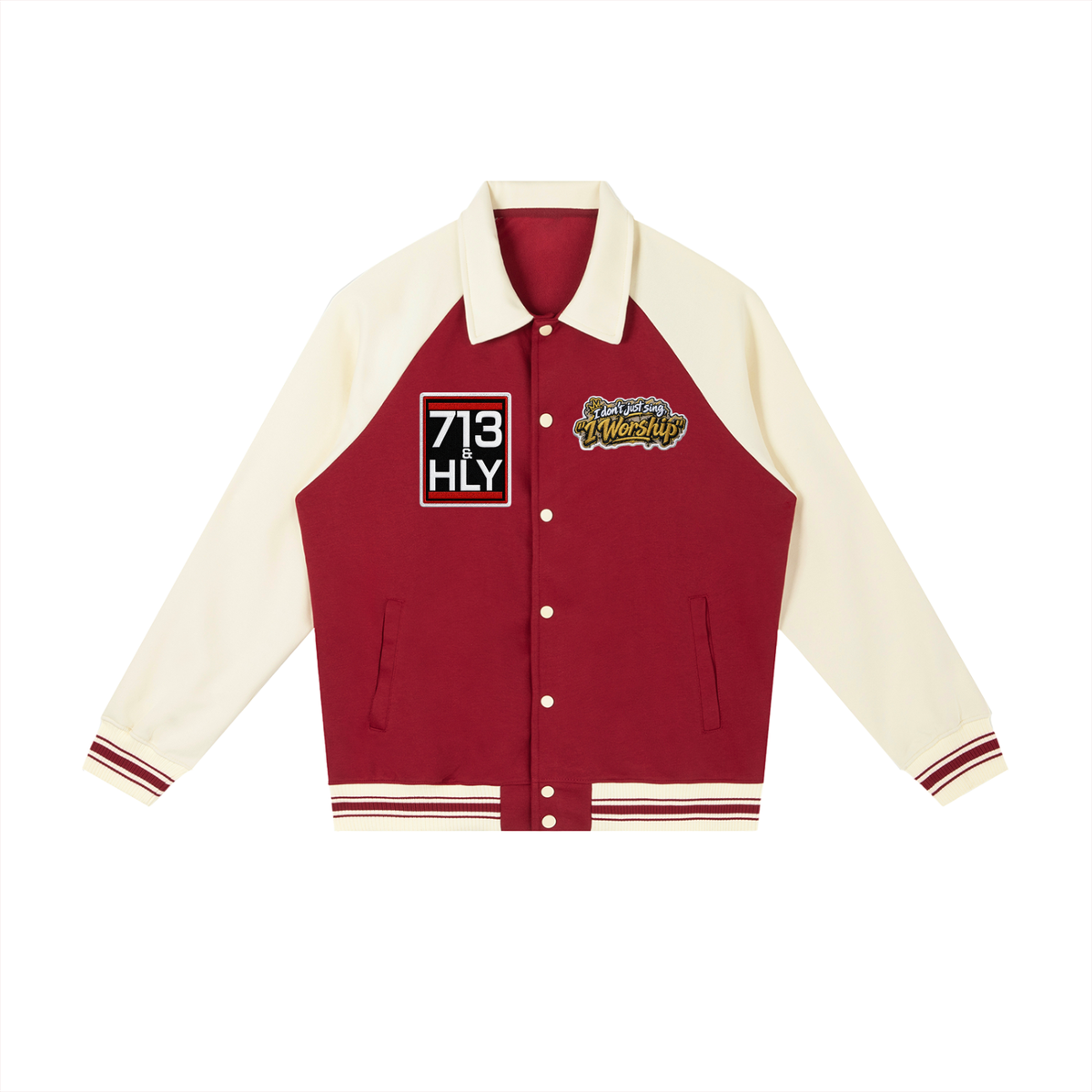 "I WORSHIP" Contrast Raglan Sleeve Baseball Jacket